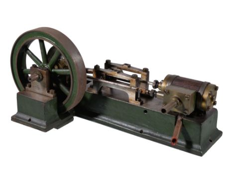  An early 20th century live steam model of a horizontal mill engine,   having six spoked flywheel finished with green paintwo