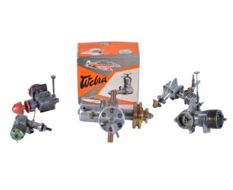  A collection of six model aircraft engines,   to include a scratch built diesel 4cc water cooled engine, ED Competition  Spe