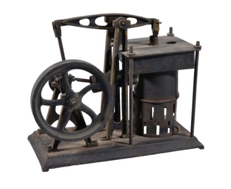  An early model of a beam engine,   with five spoked flywheel,  A  shaped frame supports to crank and beam, mounted on wooden