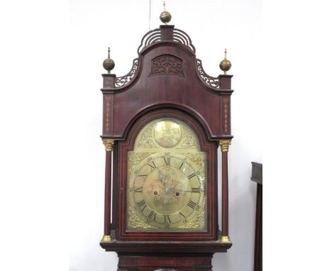 A George III mahogany inlaid longcase clock by Unwin of Newark, ornate Roman brass arch dial engraved centre with subsidiary 