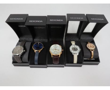 SEKONDA: A group of five Sekonda wristwatches, including a rose gold tone stainless steel chronograph with luminous hands and