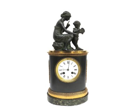 A 19th Century cast iron and gilt metal mantel clock on marble base, surmounted by a figure of a lady and Putti, white Roman 