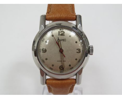 EBERHARD: A stainless steel cased Eberhard Parechoc wristwatch on leather strap, silvered dial with Arabic and dot markers, l