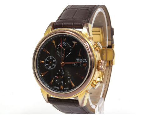 BULOVA: A gentleman's Bulova Accutron automatic chronograph wristwatch, black dial with rose gold coloured arrowhead markers 