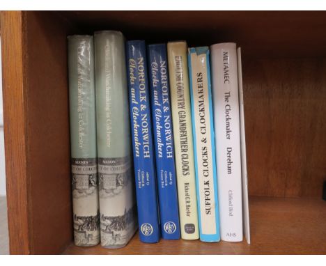 A group of hardcover clock books of local interest including Clifford & Yvonne Bird: "Norfolk & Norwich" (x2), Clifford Bird: