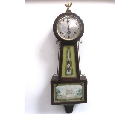 An American 'New Haven Clock Co.' wall clock of banjo style, reverse image of The White House and George Washington on glass 