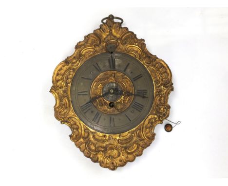 An 18th Century verge wall hanging clock with front cow pendulum, ormolu rococo case, bronze Roman numerated chapter ring, ce