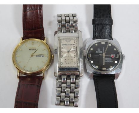 A Mortima Super Datomatic wristwatch together with an Emporio-Armani Art Deco style wristwatch and a Citizen Eco-Drive (3)