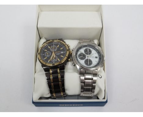 SEIKO: Two stainless steel cased Seiko chronograph quartz wristwatches, one with black and gold tone case, bracelet and dial 