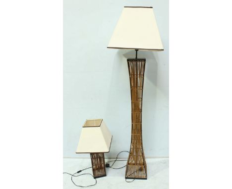 A modern bamboo standard lamp, base height  137cm, together with a matching table lamp, base measures 35cm. 