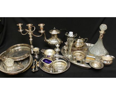 A quantity of silver-plated items including an Art Deco candlestick, Ronson table lighter, trays etc and a glass decanter.