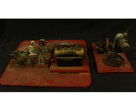 A Mamod fixed live steam engine on wooden base, together with another fixed live steam engine.  (2) (As found) 