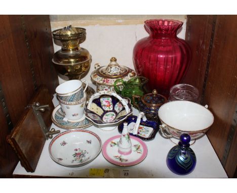 SECTION 23: Various 19th century English china and glassware including a Worcester cup and saucer, an oil lamp, cranberry gla