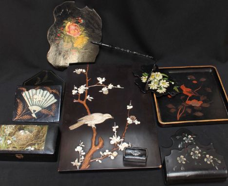 A Japanese Shibayama lacquer panel, inlaid with a bird on a branch, together with a collection of other lacquer items a tray,