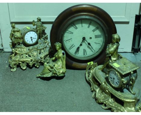 Two 19th century gilt-spelter figural mantel clocks, together with an early 20th century circular wall clock with mahogany ca
