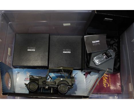 Two Corgi cast metal Jaguar E types, a Morris Minor, A Golden Jubilee tram, A Queen Mother set and a US Army Jeep.