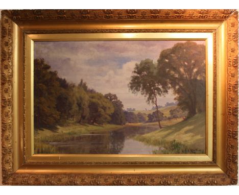 Cecil M. Round (fl. 1884-1898) British.  A peaceful English landscape scene with a river and cattle in the distance, signed a