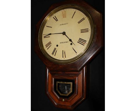 A Victorian rosewood drop dial wall clock, the circular cream painted dial signed Margrett, Hereford, with black Roman numera