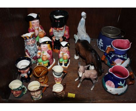 SECTION 56. A shelf of assorted Toby jugs and other items including a Beswick shire horse.