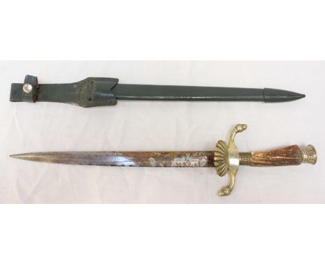 A mid 20th century German hunting dagger, the blade with engraved scene of deer, with makers name Hubertus, Solingen, with ho