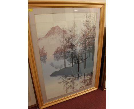 Late 20th century British School, atmospheric landscape with trees and lakes, unsigned, colour screen print, five various, al