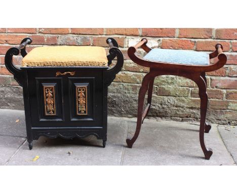 A Victorian ebonised piano stool, with padded seat and hinged compartment below, together with a cross-frame shaped piano sto