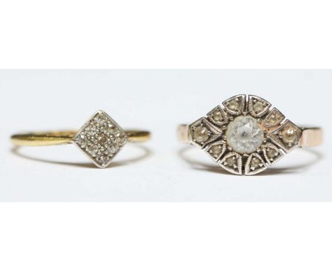 An 18ct gold and diamond ring, together with another 18ct gold cluster ring. Total weight 5.8 grams. (2)