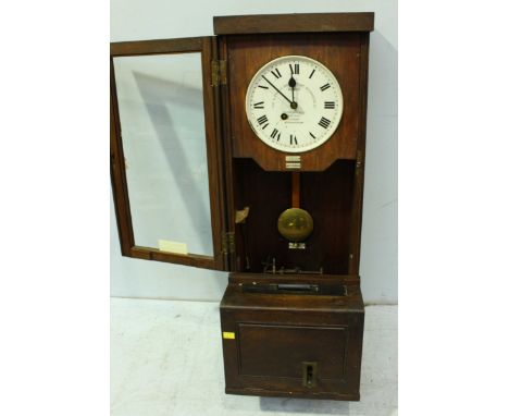 A large 1930s oak time recording wall clock, 'The Gledhill Brook Time Recorder' clock.