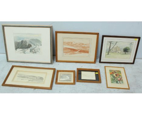 Gordon Bradshaw (b.1931) Three watercolours of mountains and landscapes, a pen and monochrome wash landscape and a small pen 