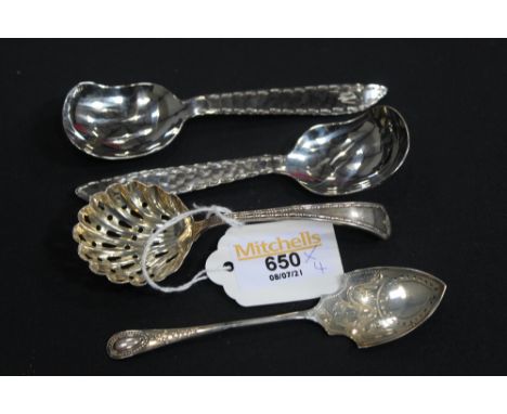 Silver jam spoon and a silver sifting spoon and two KSIA tea caddy spoons 