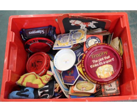 Box of vintage beer coasters, advertising ashtrays, bar towels etc  