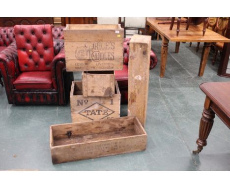 A collection of vintage wooden advertising crates, to include Price's Candles