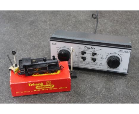 A boxed Duette dual control unit for model railway, 2 signals and a boxed Triang 00 gauge tank engine 