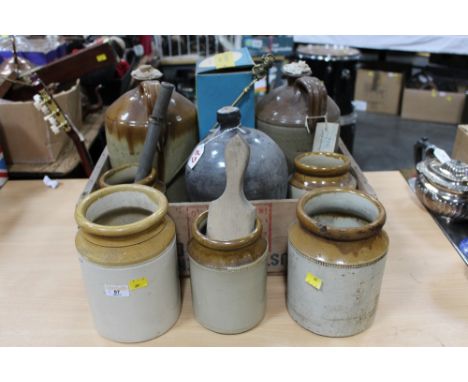 Collection of storage jars, 2 flagon's, soda siphon and a vintage wooden crate 