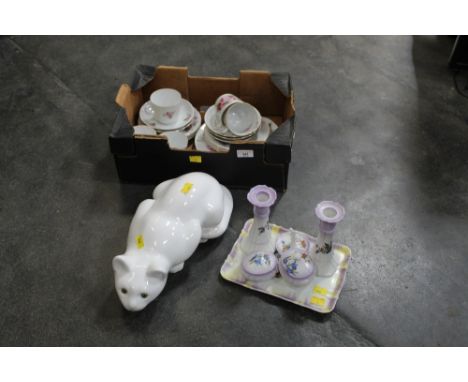 Part tea set, cat ornament and dressing table set  