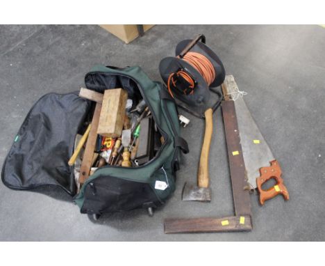 Bag of hand tools, set square, surfacing tool, cable extension reel etc 