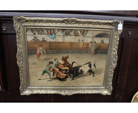 After J Chavez an oleograph of a bull fight, 47 cm x 62 cm  