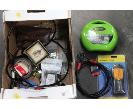 Box of hand tools, moisture tester etc