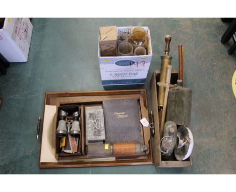 Wood tray, opera glasses, telescope, vintage razor, oriental white metal box, cigarette card album, water bottles, etc. 