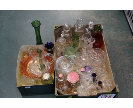 Two boxes of glassware, coloured glass vases, decanter, dressing table bottles, Carnival glass bowl, etc. 