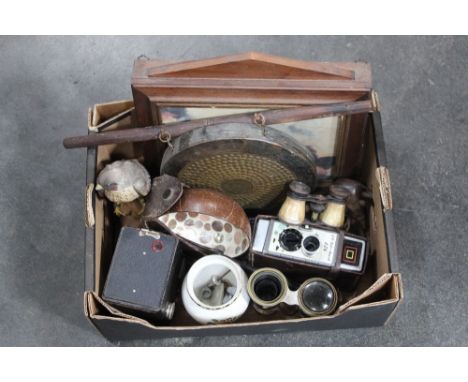 Gong, boxed camera, opera glasses etc 