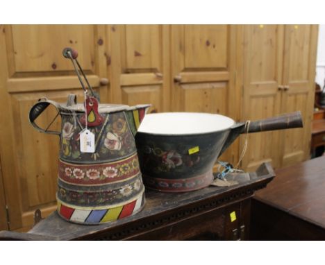 Two vintage pieces of barge ware, pan 33 cm diameter and a jug 26 cm high  