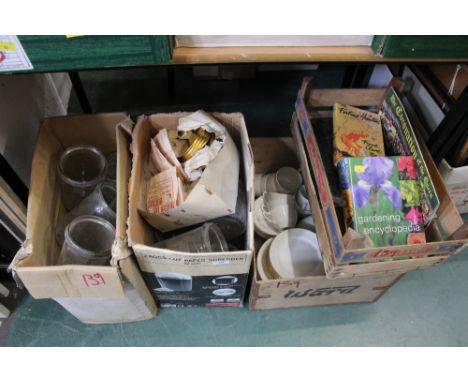 Four boxes of part tea set, storage jars, books, etc. 