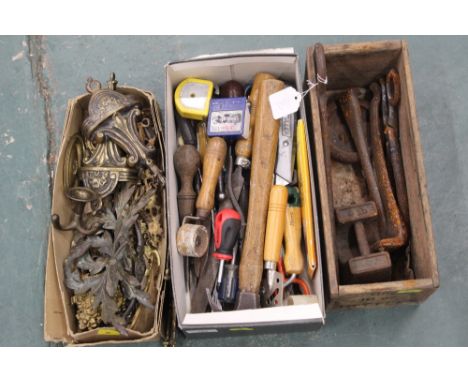 Box of furniture fittings to include wooden Bovril box and quantity of hand tools