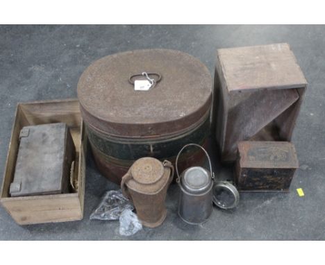 Two vintage wooden boxes, vintage light etc 