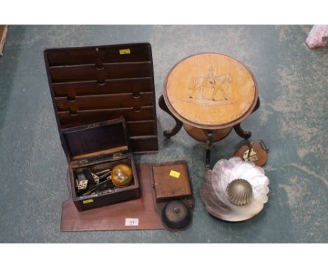 Letter rack, dominoes, ink stand, vintage bell, etc. 