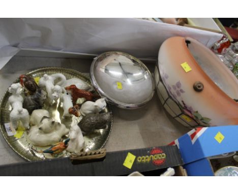 Tray of mostly Beswick animal ornaments, two light shades and plated bowl 