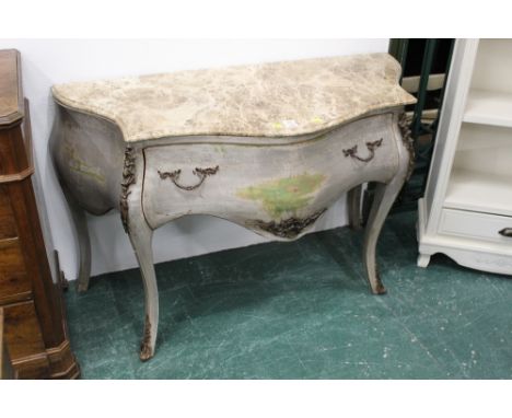 A Louis XV style painted commode chest with single drawer, measuring 81 cm tall and 124 cm wide with beige variegated marble 