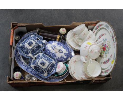 Part tea set, blue and white china, Lumex hand telescope, inkwells, etc. 