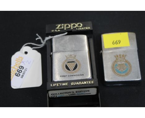Two Zippo lighters, HMS Cornwall, first commission and Olympus  